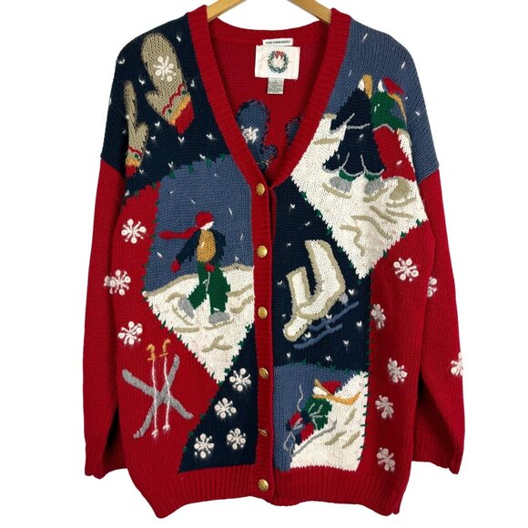 Christopher & Banks Vtg Y2k Ice Skating Cardigan Large Hand Embroidered Cotton - Picture 1 of 12